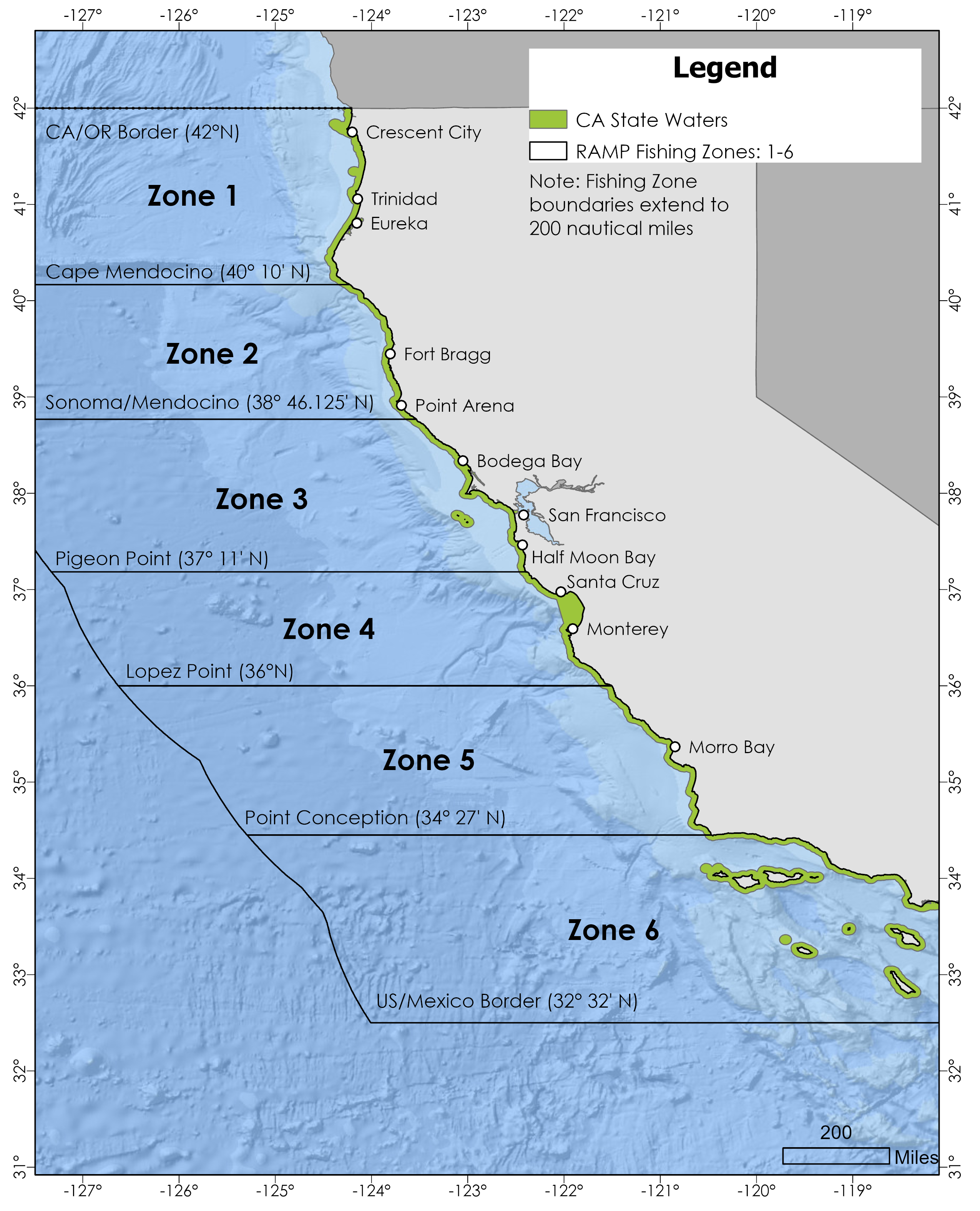 Map showing latitudinal boundaries of RAMP Fishing Zones 1-6 - click to enlarge in new window