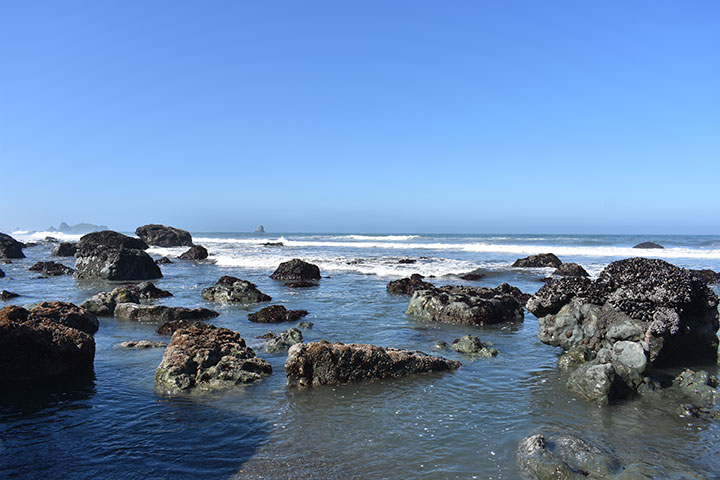 large rocks dot the beach where tide comes in