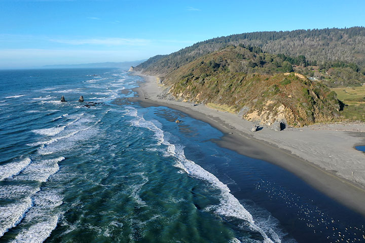 wooded hills slope down to the coastline