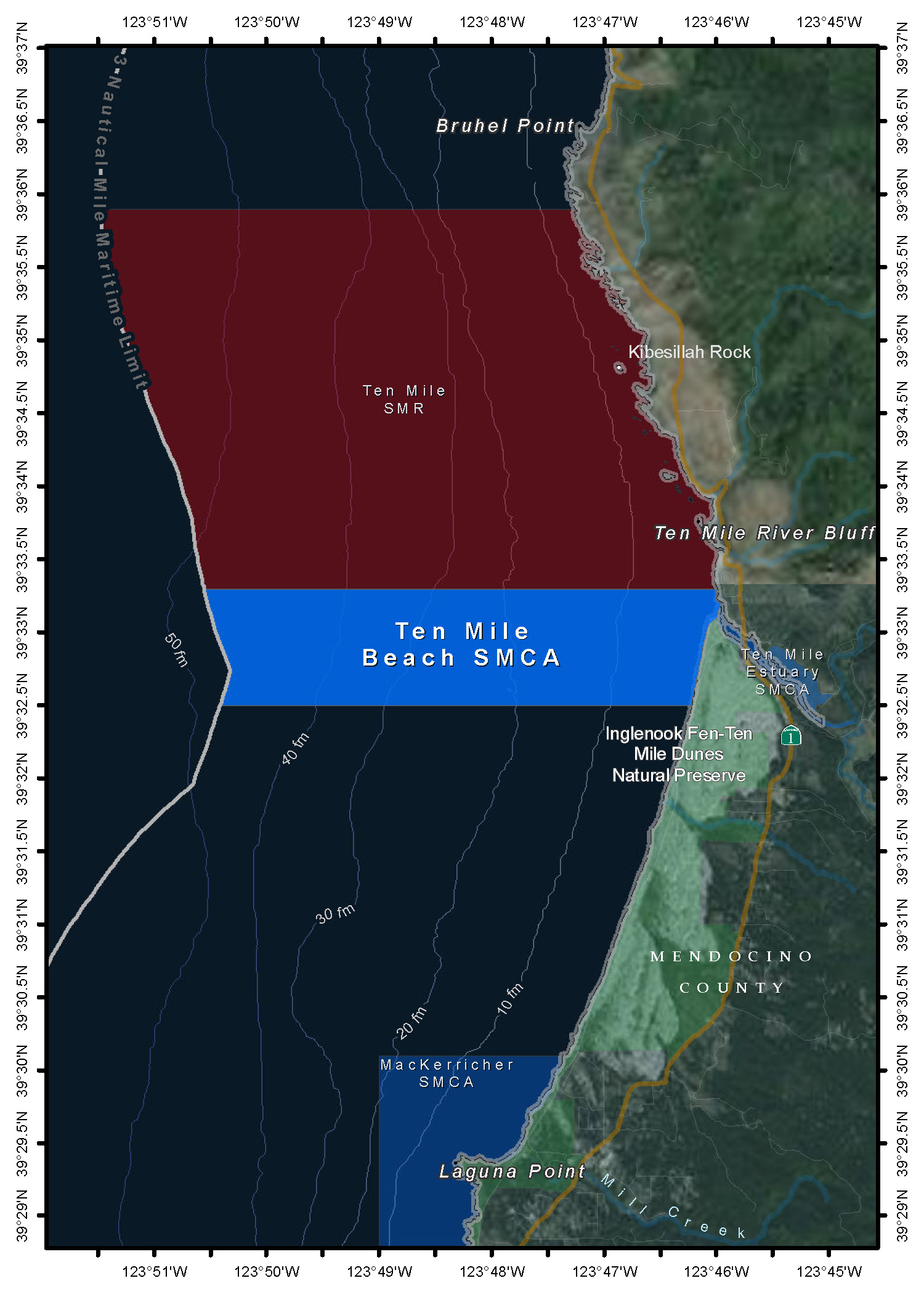 Map of Ten Mile State Marine Reserve - click to enlarge in new tab