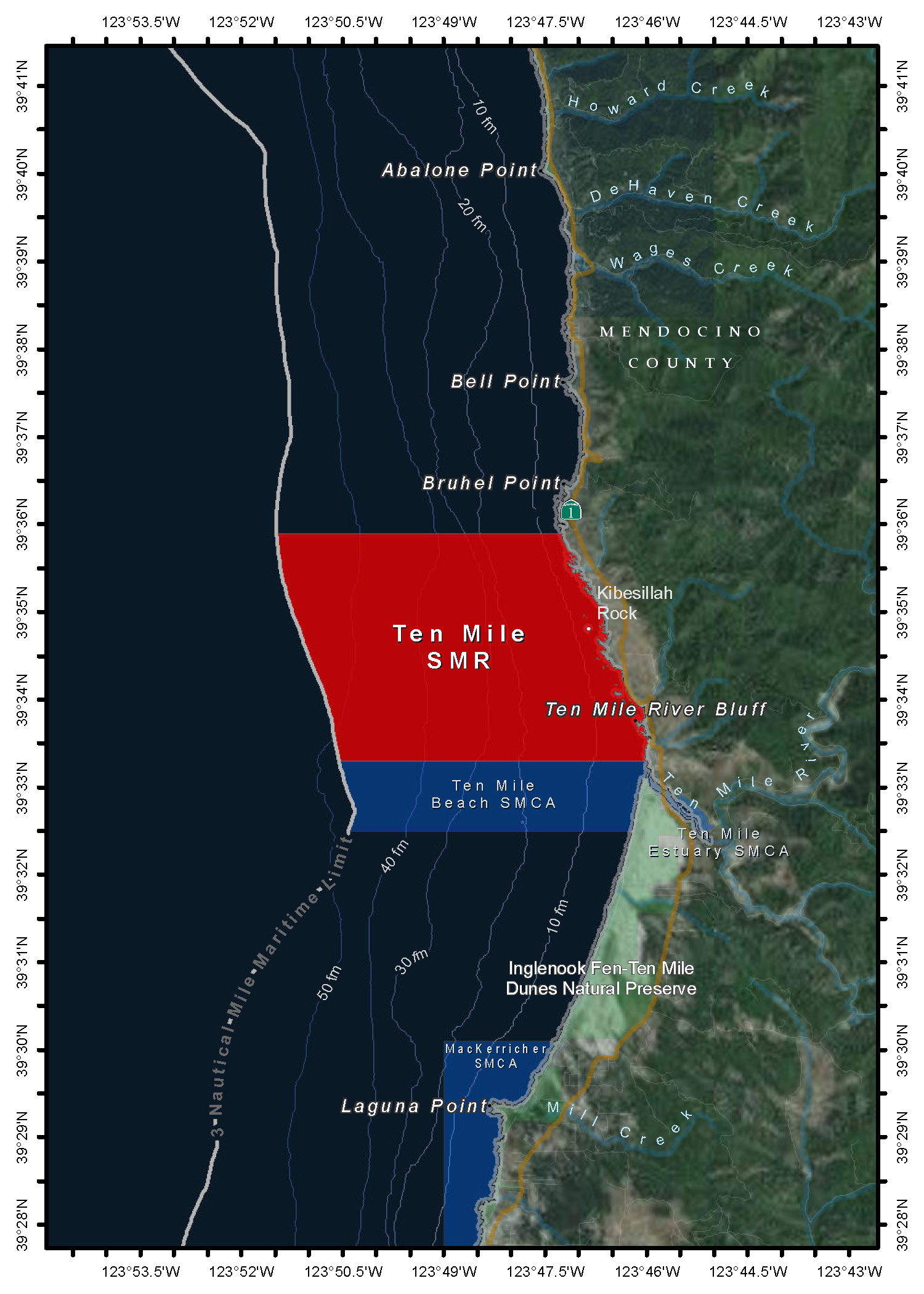 Map of Ten Mile State Marine Reserve - click to enlarge in new tab