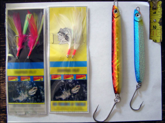 Shrimp fly and bar-jig gear used for hook-and-line sampling. CDFW photo by Scot Lucas.