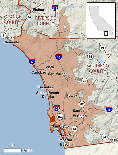 map of affected area, San Diego County from the coast to about 20 miles inland