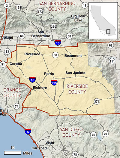 map highlighting western half of Riverside County in southern California