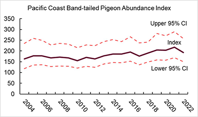 graph showing an average abundance index of 181 band-tailed pigeons at mineral sites for 2004 to 2022, and a slight decrease from 2021 to 2022 (217 to 193 birds)