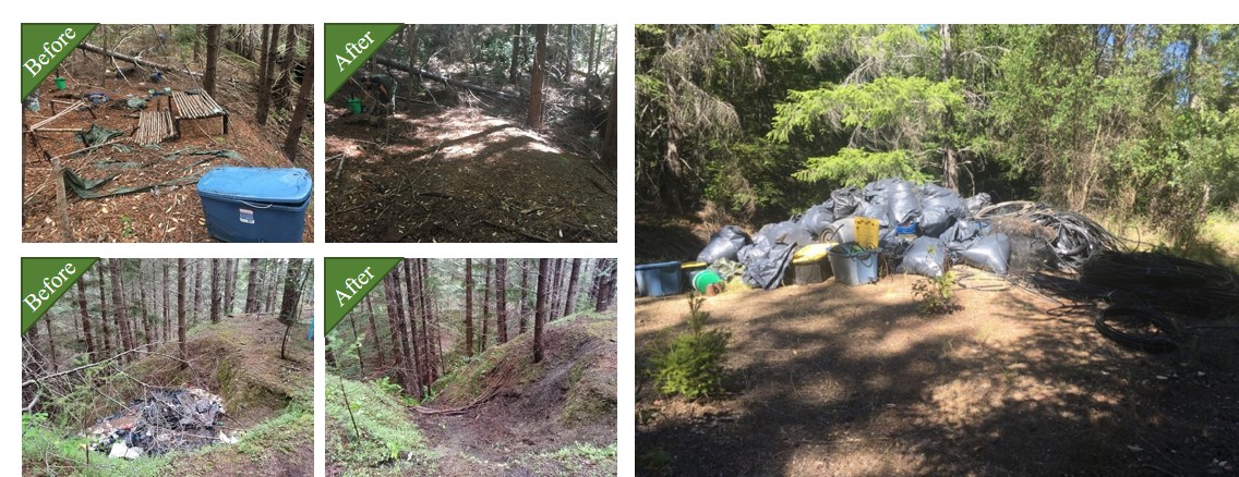 Trespass campsite (top left) and garbage dump (bottom left) before and after clean-up efforts (top and bottom right), and all refuse materials ready for pick up and disposal (right)