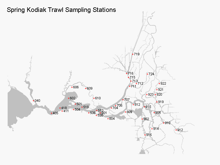 Spring Kodiak Trawl sampling stations along the Sacramento - San Joaquin river delta