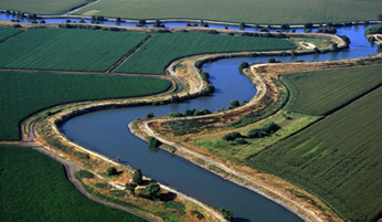 waterway weaving through agricultural fields