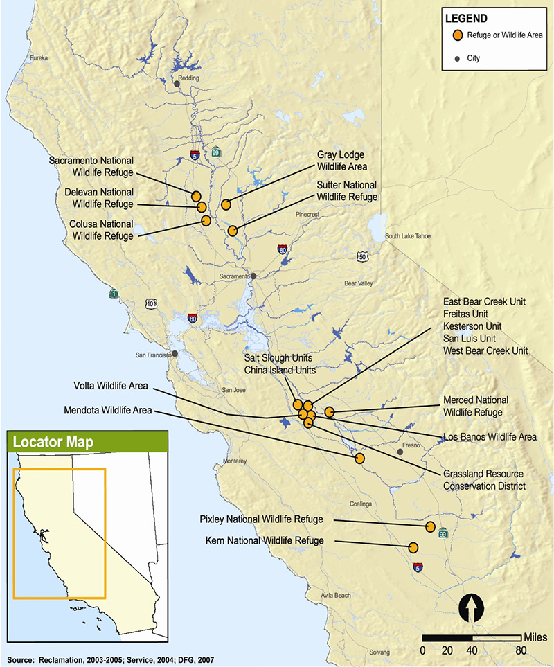 Map of the 19 CVPIA refuge areas in California - click to open larger view in new window