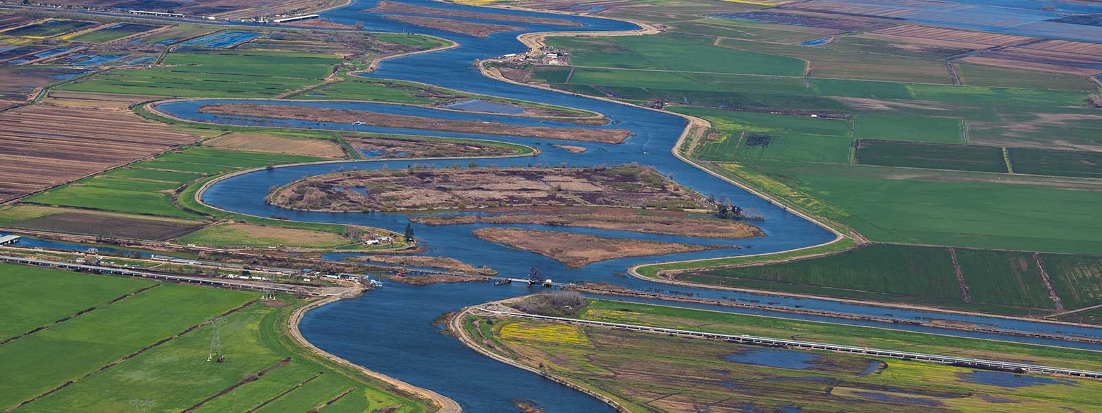 aerial view delta waterways winding through agricultural land