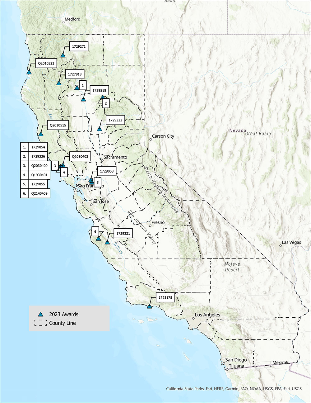 Map of California with points showing the locations of 16 projects awarded grant funding.