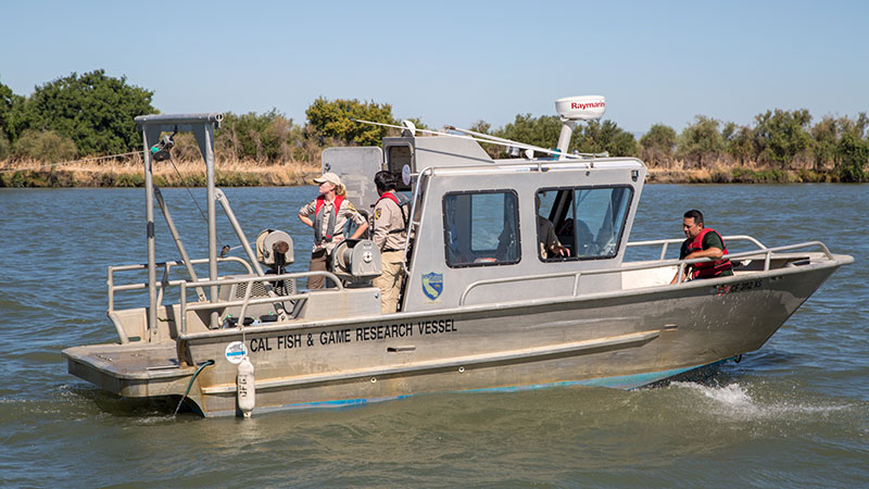 captain and three scientists aboard research vessel