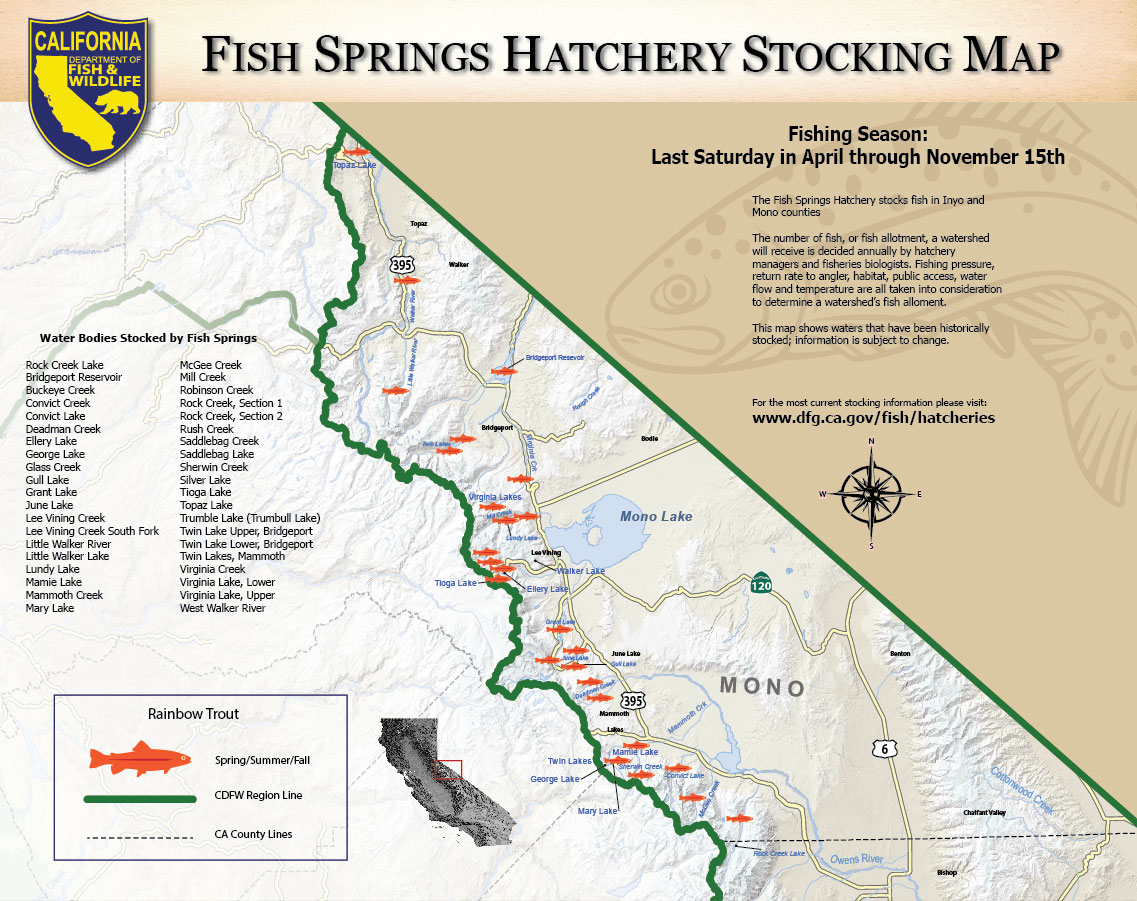 map showing 40 fish stocking locations in Mono County - click to enlarge in new window