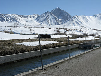 raceway pond with snowy mountains in background