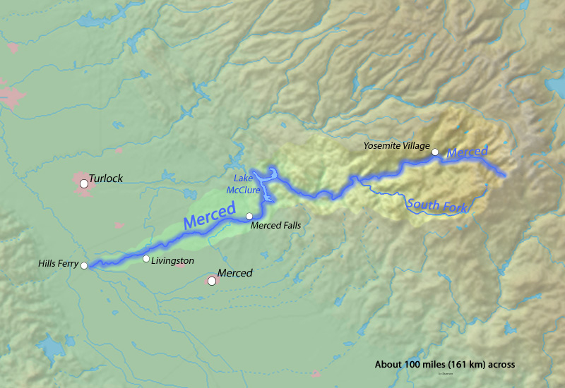 map of the Merced River from Yosemite through Lake McClure to Hills Ferry