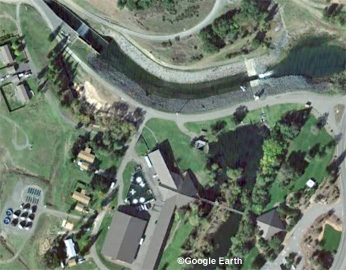 aerial view of Warm Springs Fish Hatchery roads, ponds and buildings - © 2015 Google Earth