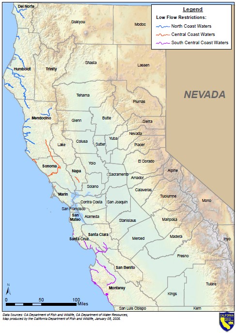 map of California showing waters affected by low flow regulations