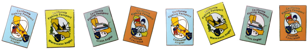 four award pins for Passport categories: Coldwater, Warmwater, Ocean, and Shellfish
