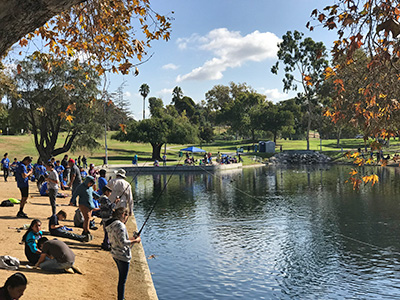 people relaxing and fishing around an urban lake