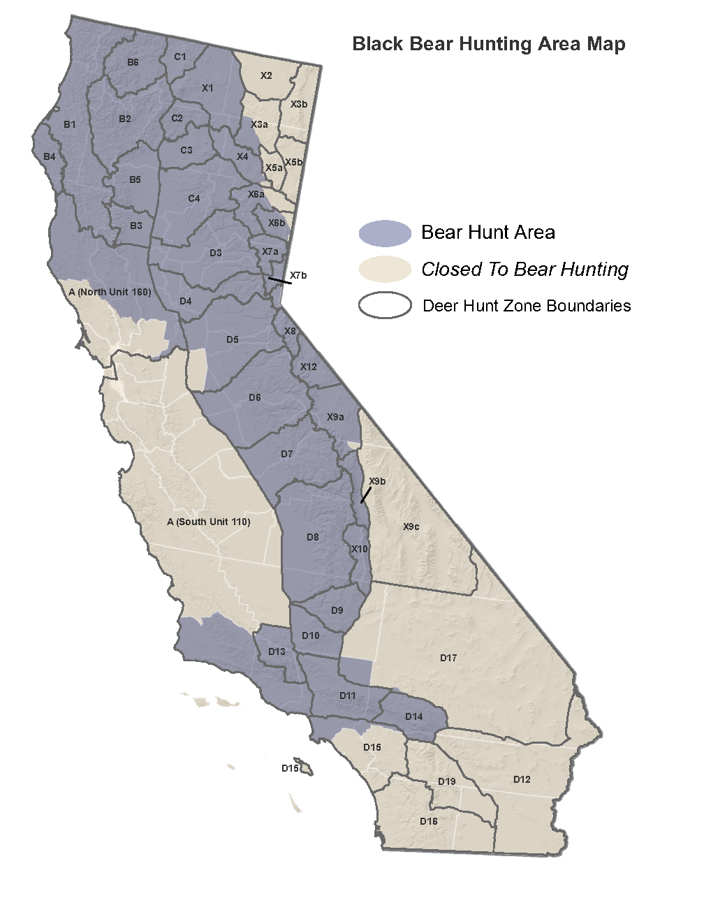 map of bear hunting areas in California - click to open PDF version in new window