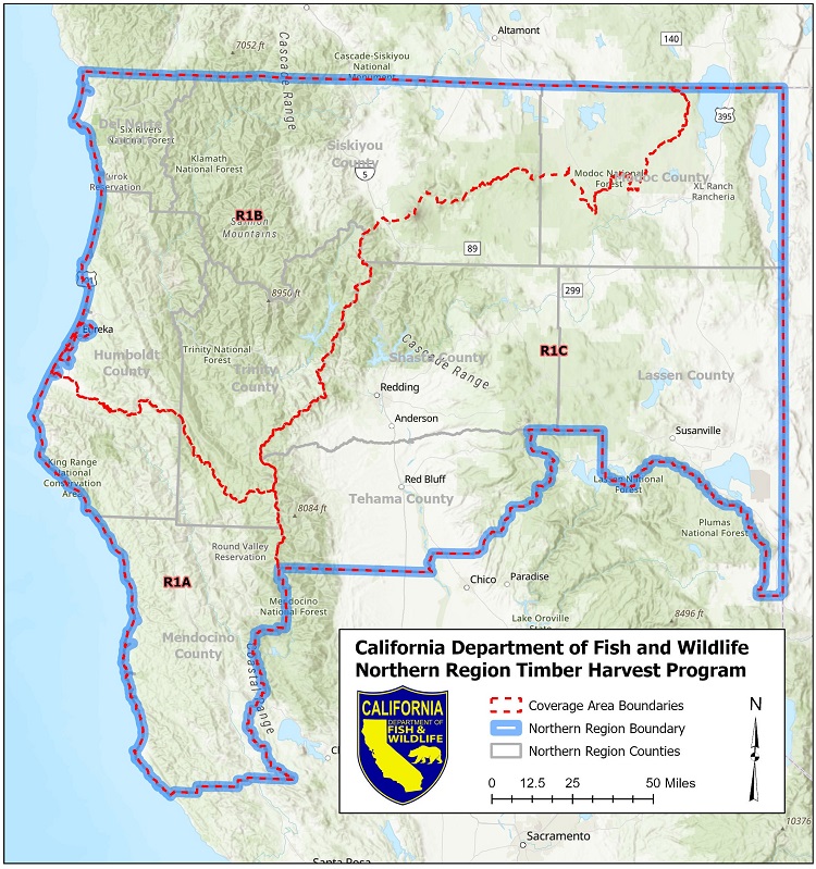 Map of CDFW Region 1 Timber Harvest Program Boundaries. This includes Mendocino, Humboldt, Trinity, Del Norte, Siskiyou, Modoc, Shasta, Tehama, and Lassen counties
