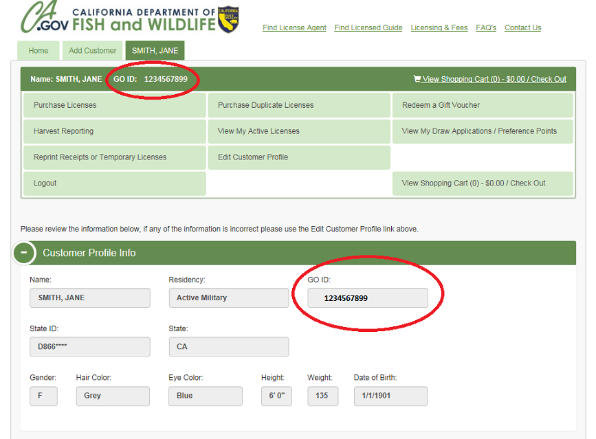 screenshot of Online License System page highlighting example user's GO ID number