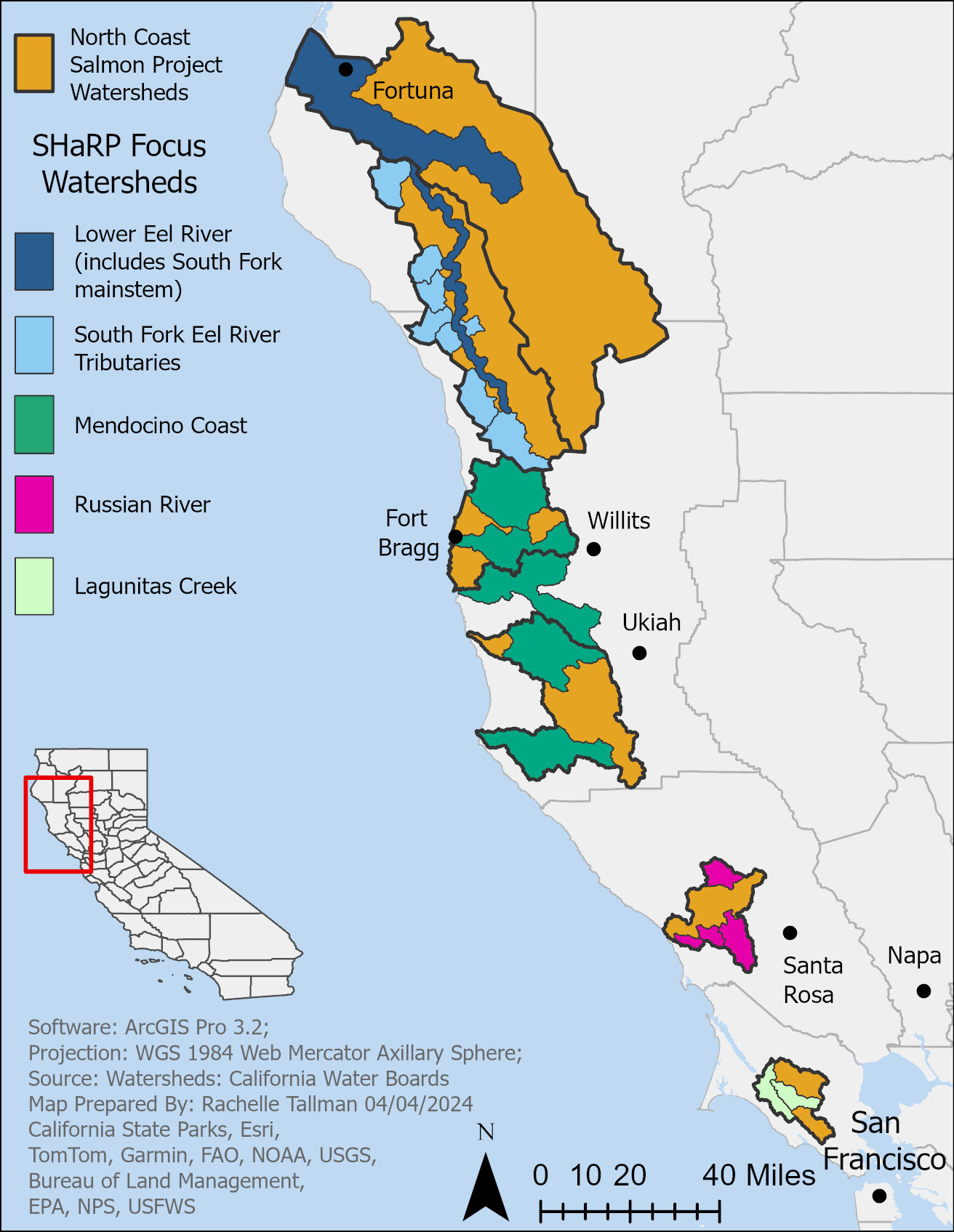 map indicating project locations along northern California coastal watersheds