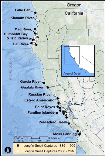 Map showing historical and current observation sites along the California Coast.