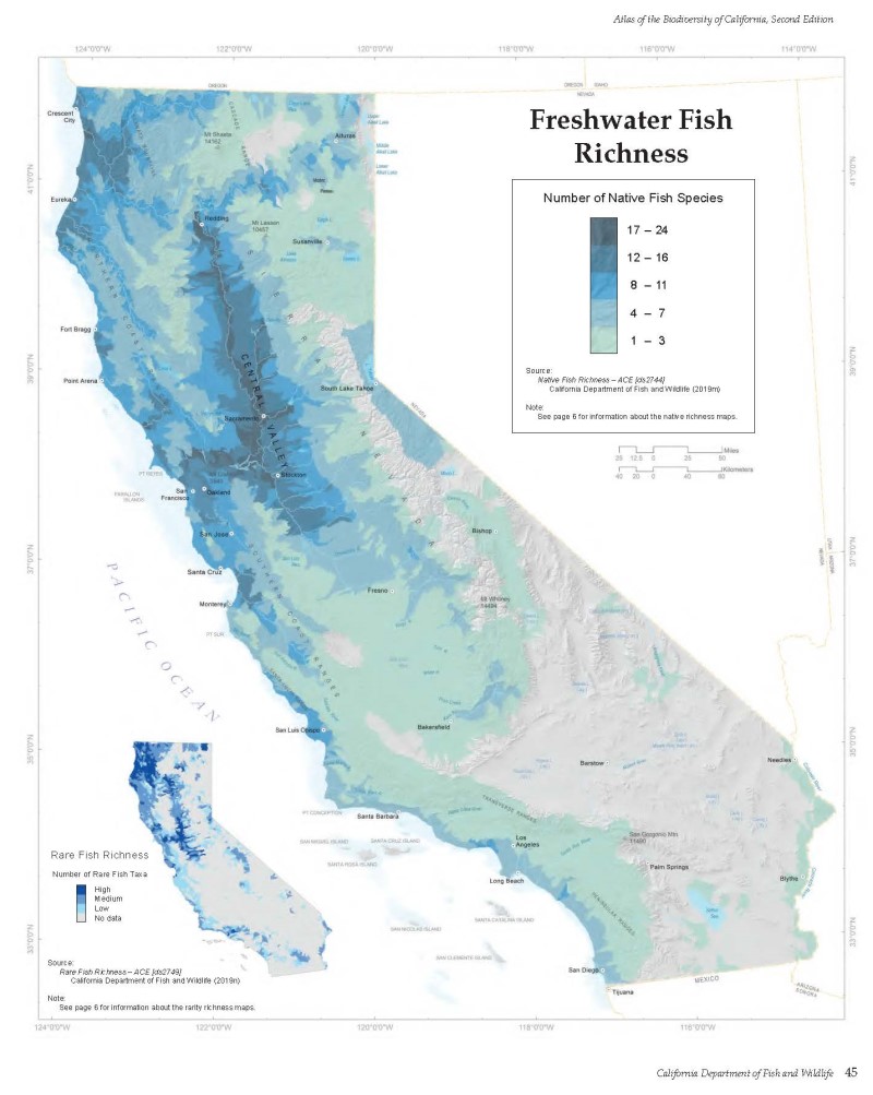 A map of the native freshwater fish richness across California with an inset map showing rare fish richness. Data sources are listed in the caption.