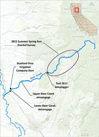 Map of Deer Creek and location of drought stressor monitoring locationss - click to enlarge in new window