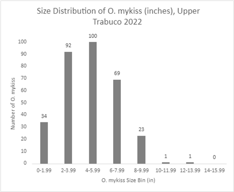 Bar graph showing size distribution of O. mykiss with higher number of O. mykiss in 4-5.99 inch size bin.
