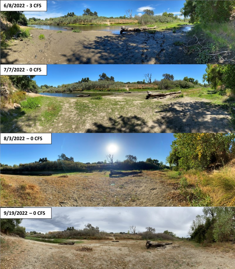 Four images showing river drying between 6/8/2022 at 3 cfs and 9/19/2022 at 0 cfs.