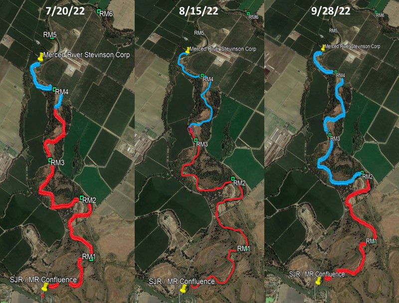 Three images showing portions of the lower Merced with stretches of disconnected reaches. Reaches that are connected extend further in each figure from 7/20/022 to 8/15/2022 to 9/28/2022.