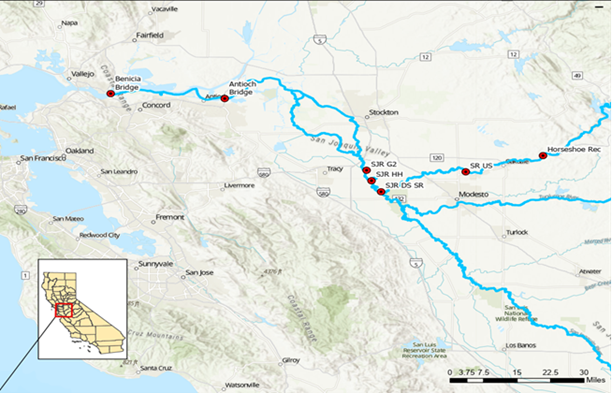 Map of Vemco reciever locations along rivers in the San Joaquin Valley