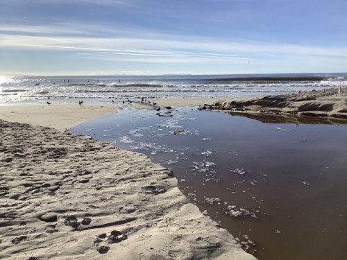 Photo of beach with Topanga Creek breaching sand and cutting through to the ocean.