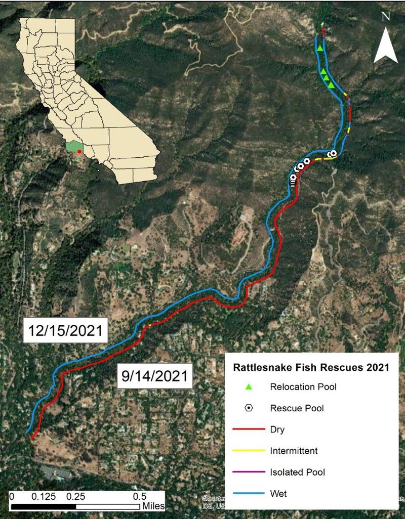 Map of river with red and blue lines to compare among rescues