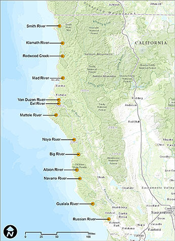 Figure 3.  Map depicting locations of water temperature monitoring sites in major river drainages in Northern California.
