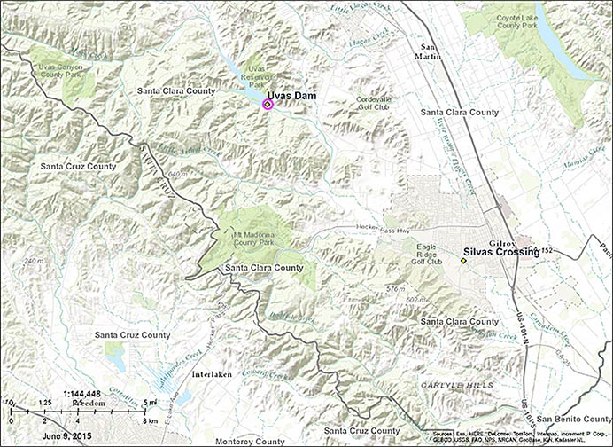 Map of Uvas Creek in Gilroy where monitoring occurred