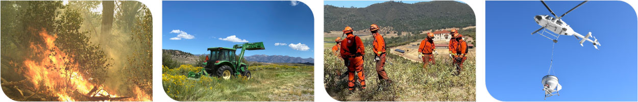 Banner with images of wildfire, a tractor, workers clearing non-native vegetation, and a helicopter using a bin to drop native seed