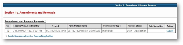 Amendments and renewal request screenshot