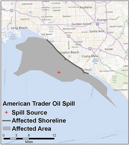Graphic California map showing the locations of MV Kure spill