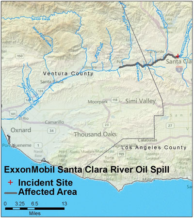 Graphic California map showing the locations of Arco / Santa Clara spill
