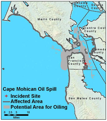 map showing spill location outside and inside the mouth of San Francisco Bay - click to enlarge in new tab