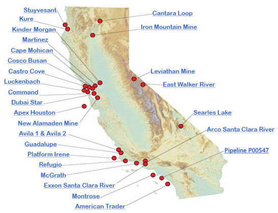 Graphic California map showing the locations of spills