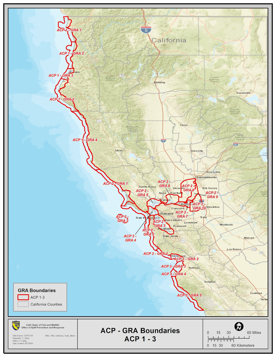 Map of California depicting the Area Contingency Plans’ and Geographic Response Plans’ boundaries for ACP 1 - 3 - click for larger map, link opens in new window