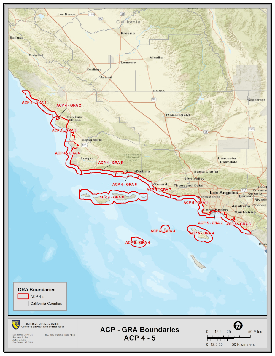 Map of California depicting the Area Contingency Plans’ and Geographic Response Plans’ boundaries for ACP 4 - 5 - click for larger map, link opens in new window