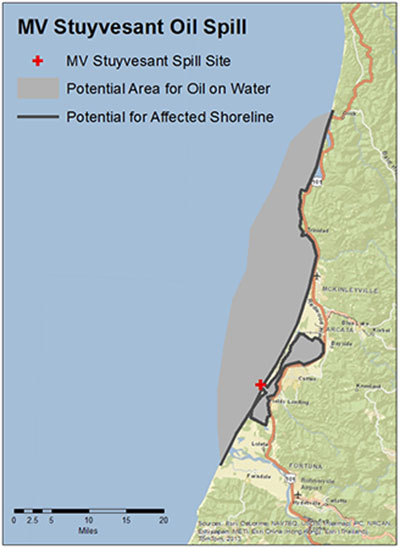 map showing spill location at the mouth of Humboldt Bay with