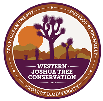 Circular graphic image showing purple Joshua tree silhouettes with a sun in the background, with the words Western Joshua Tree Conservation in the middle, and the words - click to go to Western Joshua Tree Conservation page “grow clean energy, develop responsibly, protect biodiversity” around the outer circle. 