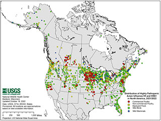 thumbnail of USGS map showing distribution of Highly Pathogenic Avian Influenza H5 and H5N1 in North America, 2021-2022. - Click to open in larger window