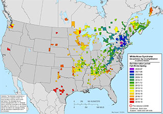 Map showing extent of WNS occurrences in North America - link to larger map opens in new window